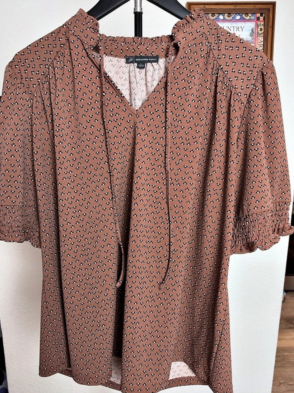 Adrianna Pappell Printed Peasant Blouse in Brown & Pink Like New Size Large w